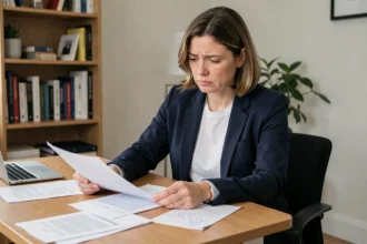 Cheffe d'une petite entreprise analysant des documents dans son bureau pour évaluer l'intérêt de rejoindre un réseau B2B