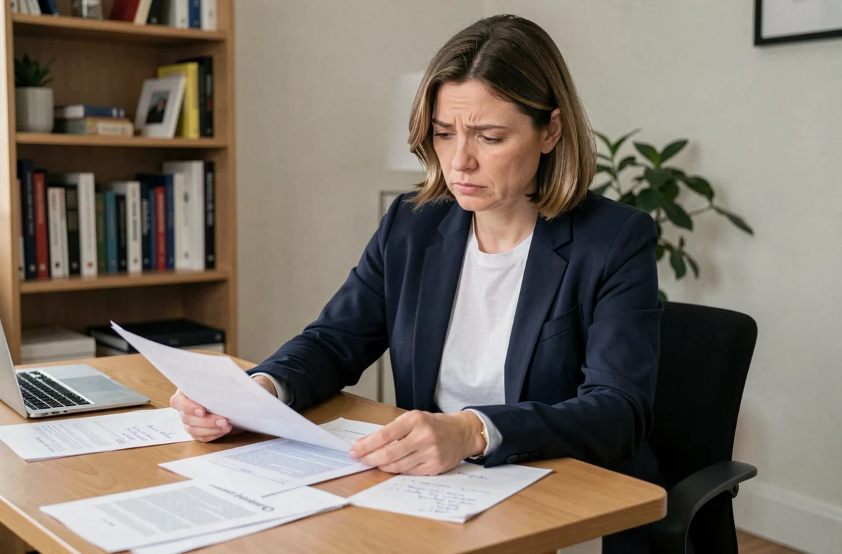 Cheffe d'une petite entreprise analysant des documents dans son bureau pour évaluer l'intérêt de rejoindre un réseau B2B