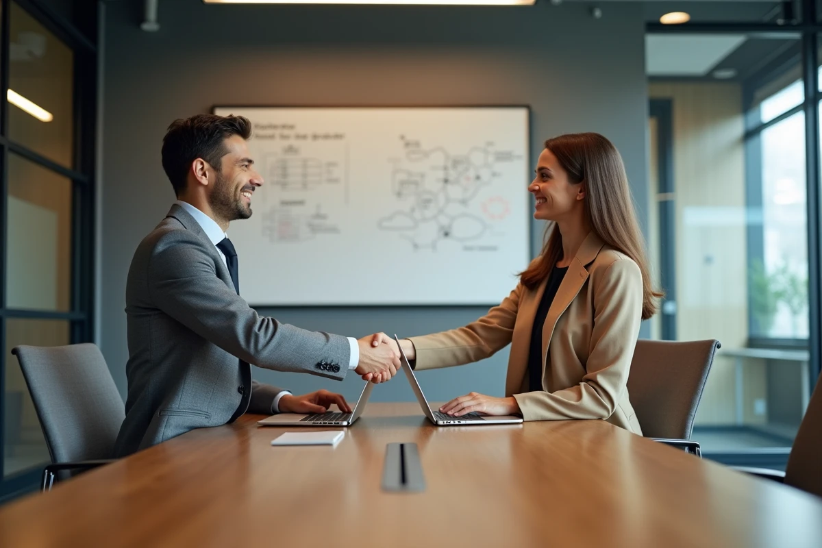 Deux professionnels B2B se serrant la main autour d'une table de réunion symbolisant un accord de mise en relation réseau entreprise