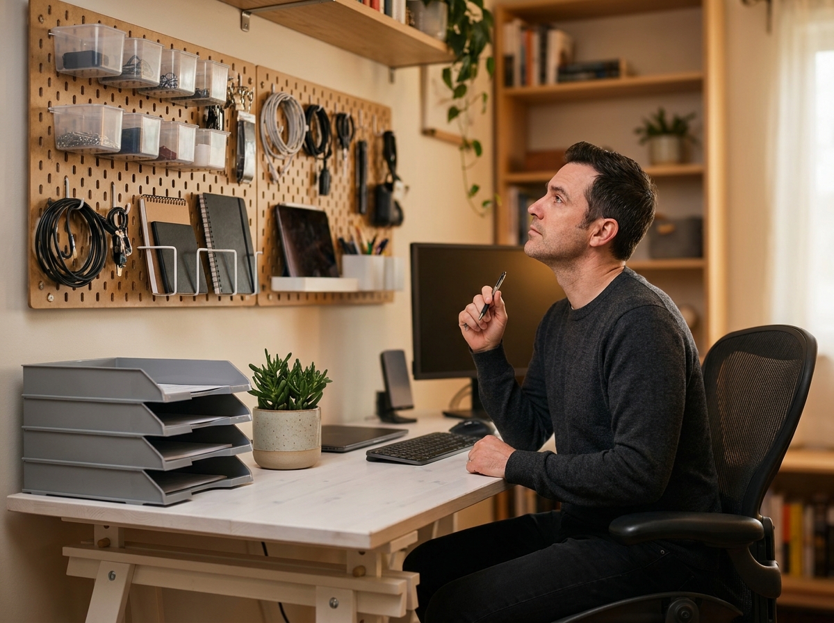 Poste de travail organisé avec système de rangement mural et bacs modulaires Plano dans un bureau à domicile