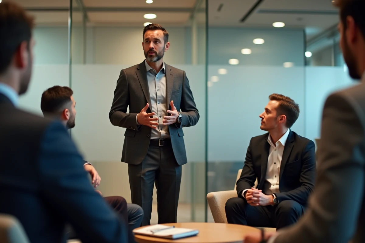 Homme d'affaires prenant la parole lors d'une session de networking B2B en petit comité avec des décideurs dans un espace lounge professionnel