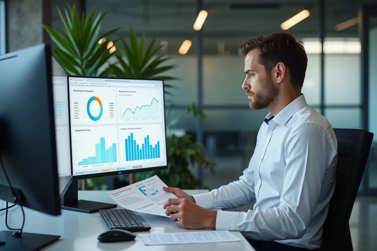 Professionnel du marketing comparant les prix d'une solution IA et d'une agence classique sur des écrans dans un bureau moderne