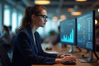 Professionnelle analysant des outils IA sur des écrans dans un bureau moderne en 2026