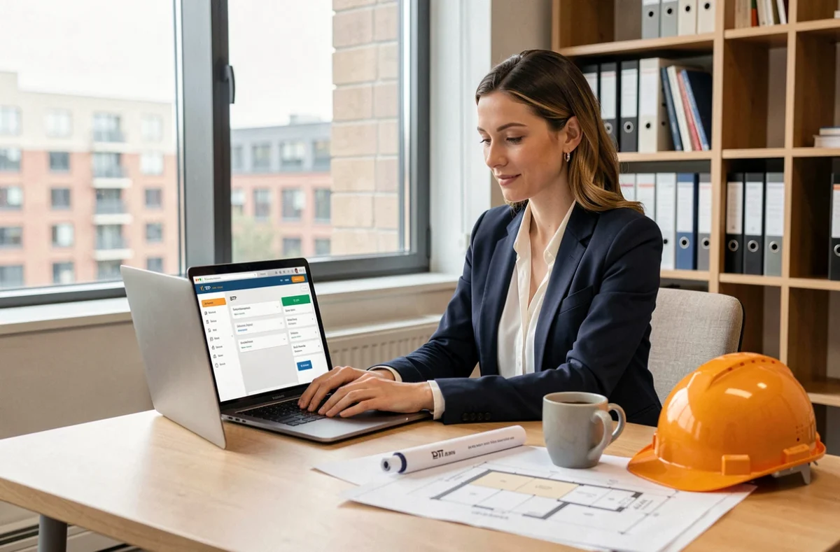 Professionnelle du BTP gérant ses projets de chantier en ligne depuis un bureau moderne avec un ordinateur portable