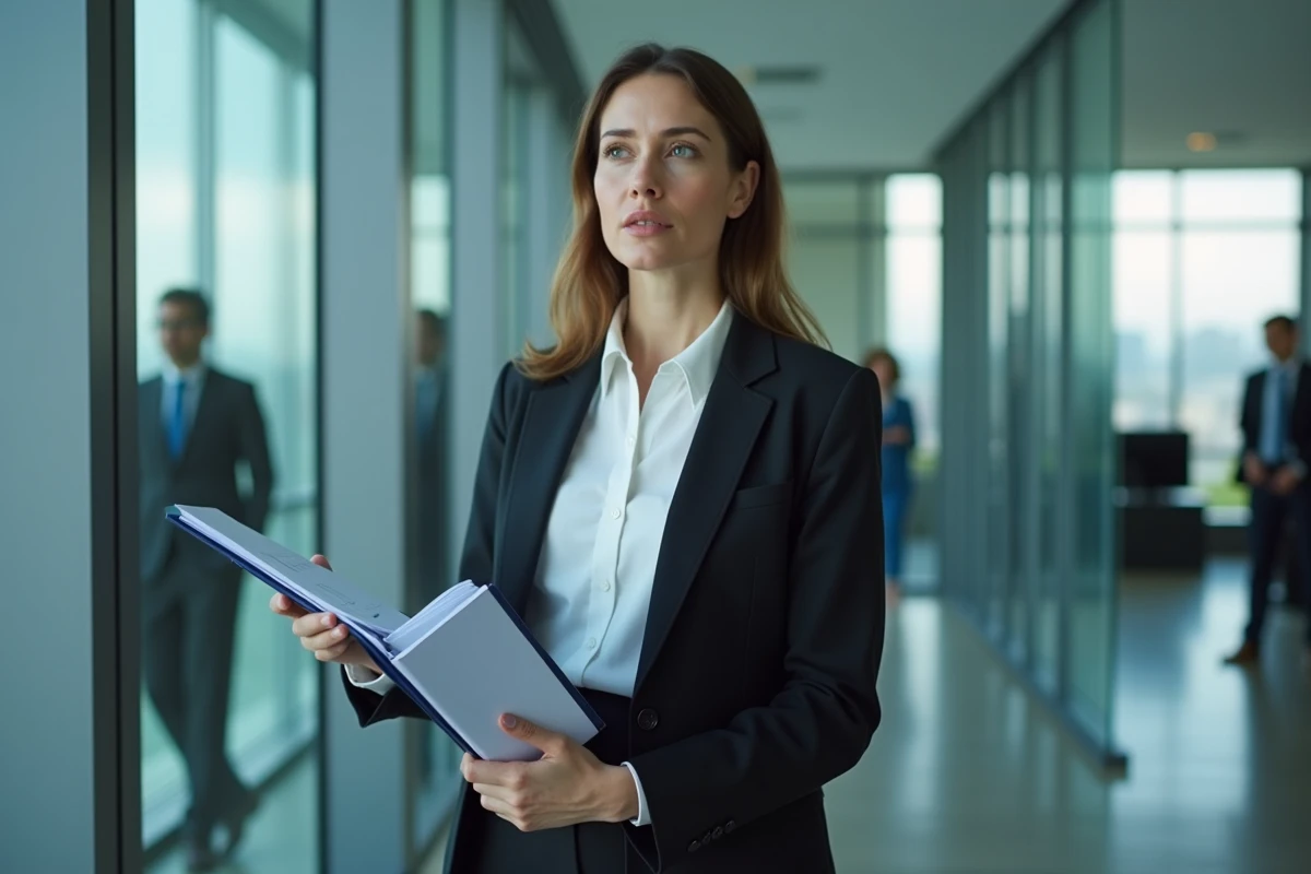 Professionnelle tenant un dossier de documents corporatifs dans un bureau moderne lors d'une analyse de signaux d'alerte d'entreprise