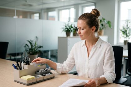 Femme organisée à son bureau avec un système de rangement modulaire Plano pour fournitures de bureau