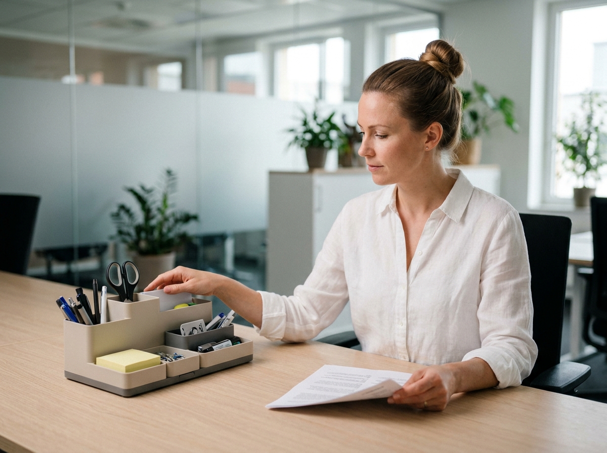 Femme organisée à son bureau avec un système de rangement modulaire Plano pour fournitures de bureau