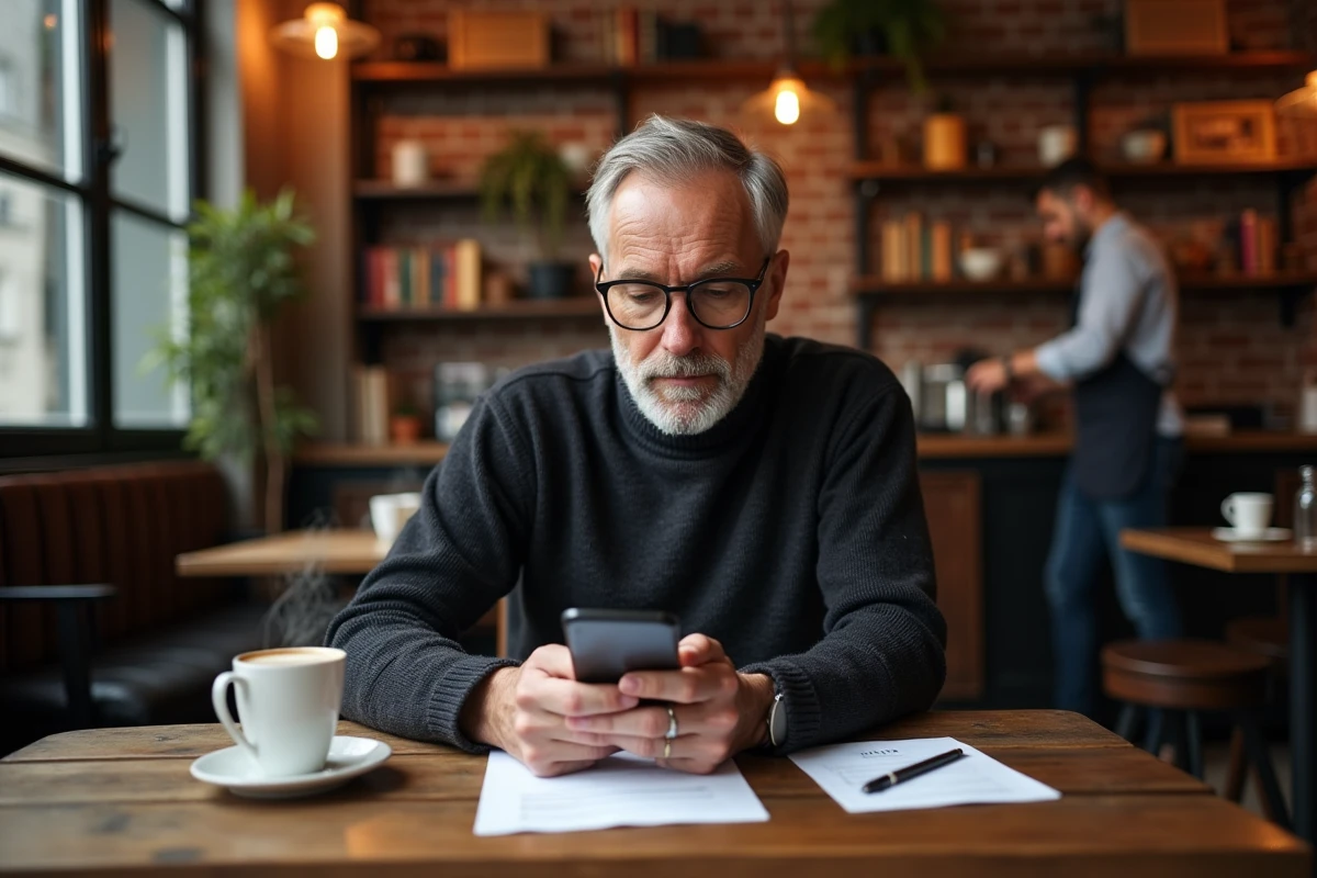 Homme consultant des avis en ligne pour sélectionner le meilleur prestataire média dans un café
