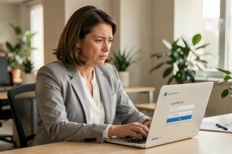 Femme en blazer gris récupérant un identifiant oublié sur le portail M'RH connexion depuis un ordinateur portable au bureau