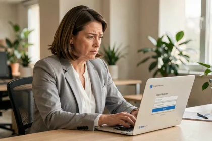 Femme en blazer gris récupérant un identifiant oublié sur le portail M'RH connexion depuis un ordinateur portable au bureau