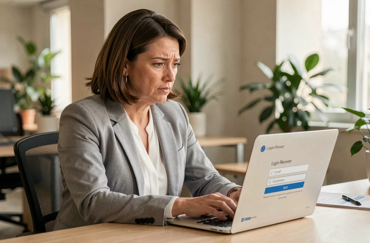 Femme en blazer gris récupérant un identifiant oublié sur le portail M'RH connexion depuis un ordinateur portable au bureau