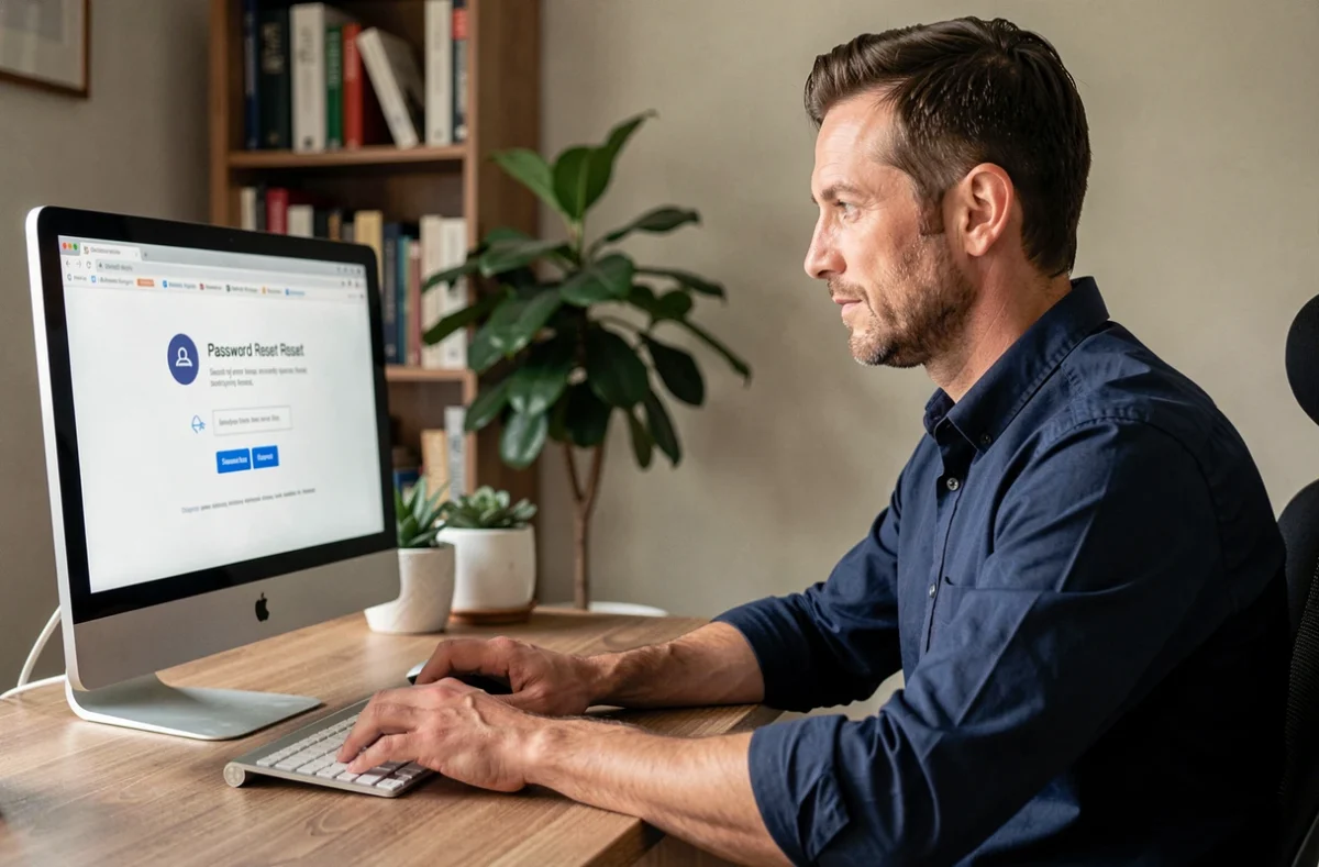 Homme en télétravail réinitialisant son mot de passe oublié sur le portail RH depuis son bureau à domicile
