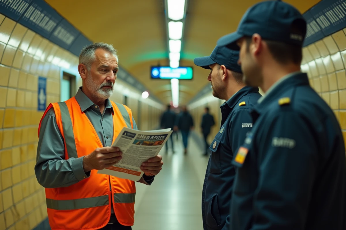Représentant syndical RATP distribuant des documents d'information aux agents dans le couloir d'une station de métro parisienne