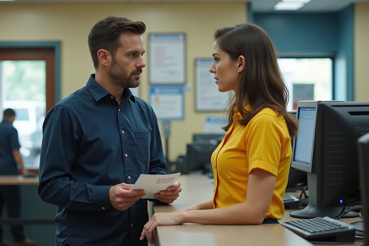 Client discutant avec un agent La Poste au guichet pour résoudre un problème de compte désactivé