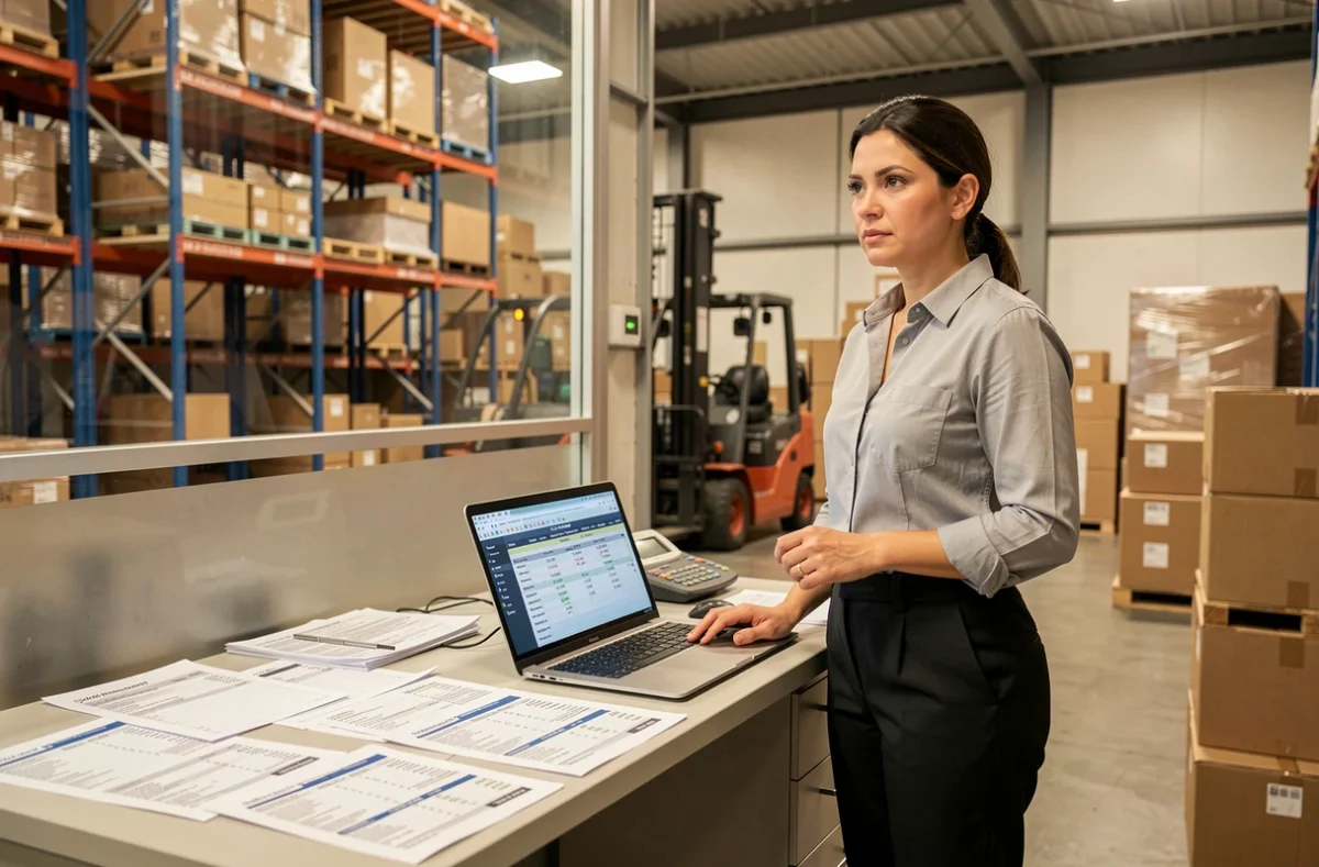 Responsable logistique féminine consultant des tableaux de calcul de taux horaire chauffeur routier dans un bureau d'entrepôt