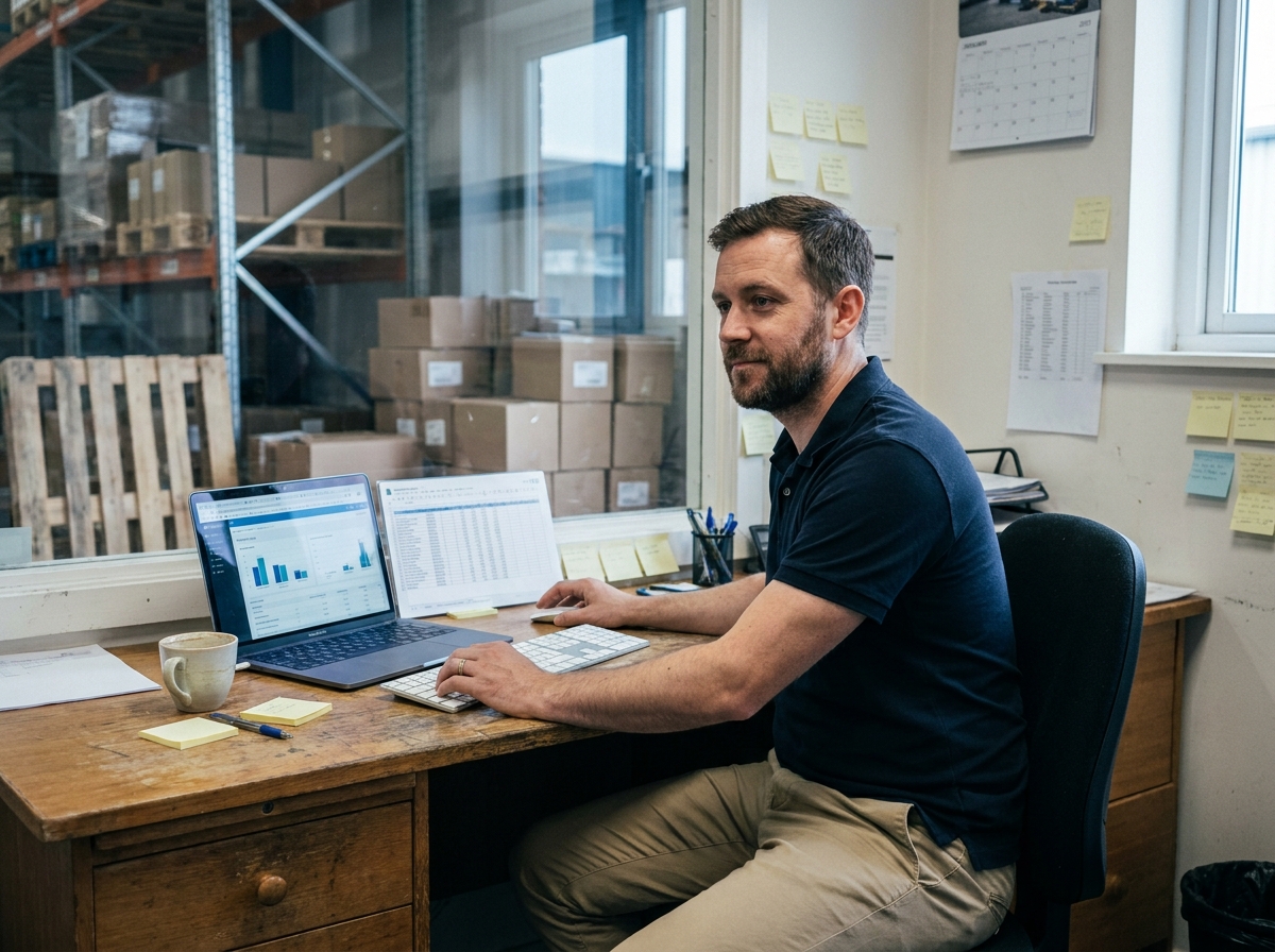 Responsable logistique consultant un tableur de gestion des stocks sur ordinateur portable dans un bureau d'entrepôt
