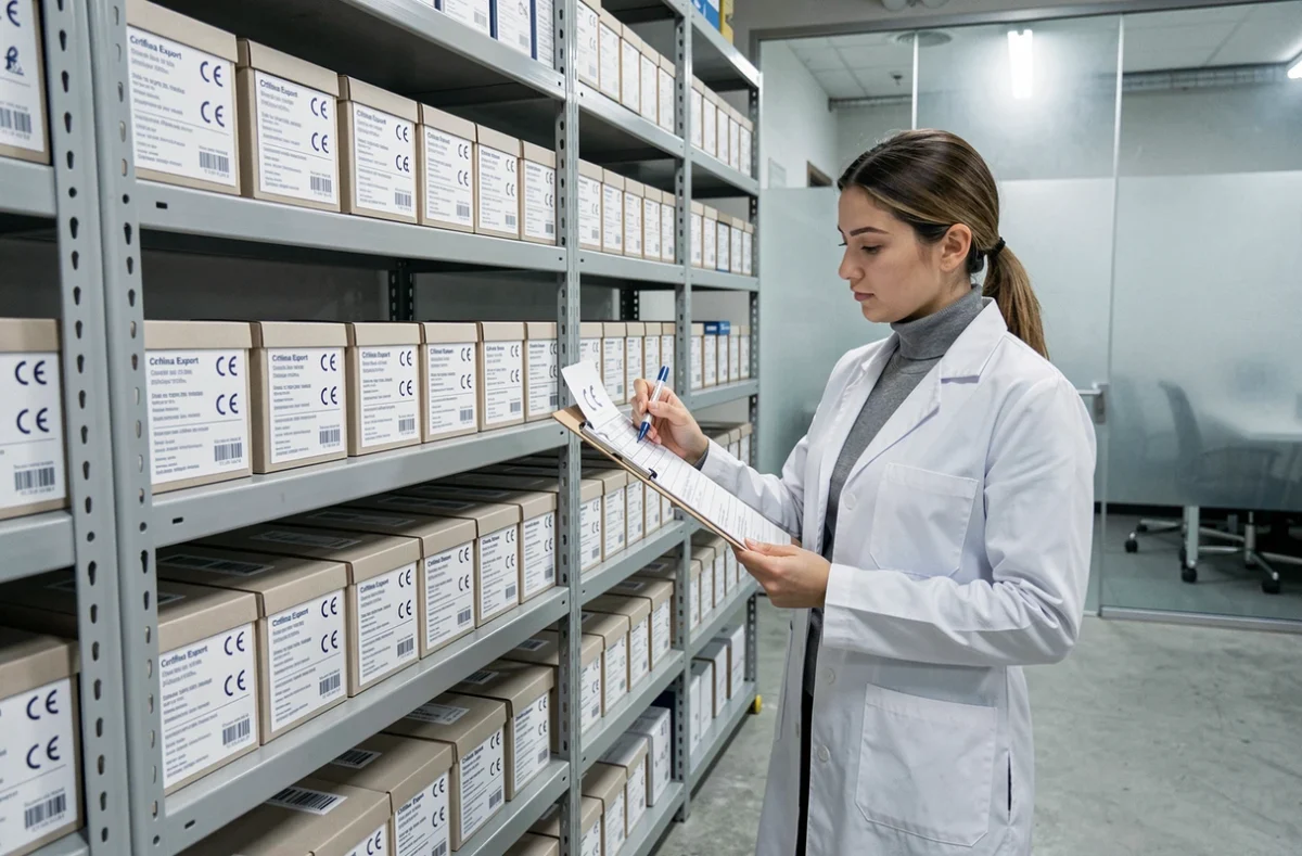 Responsable qualité documentant des échantillons certifiés CE Mark China Export dans un entrepôt de contrôle qualité