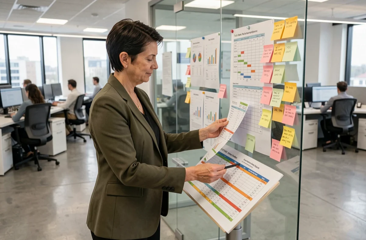 Responsable RH analysant un rapport d'heures de travail mensuelles et de primes dans un service des ressources humaines