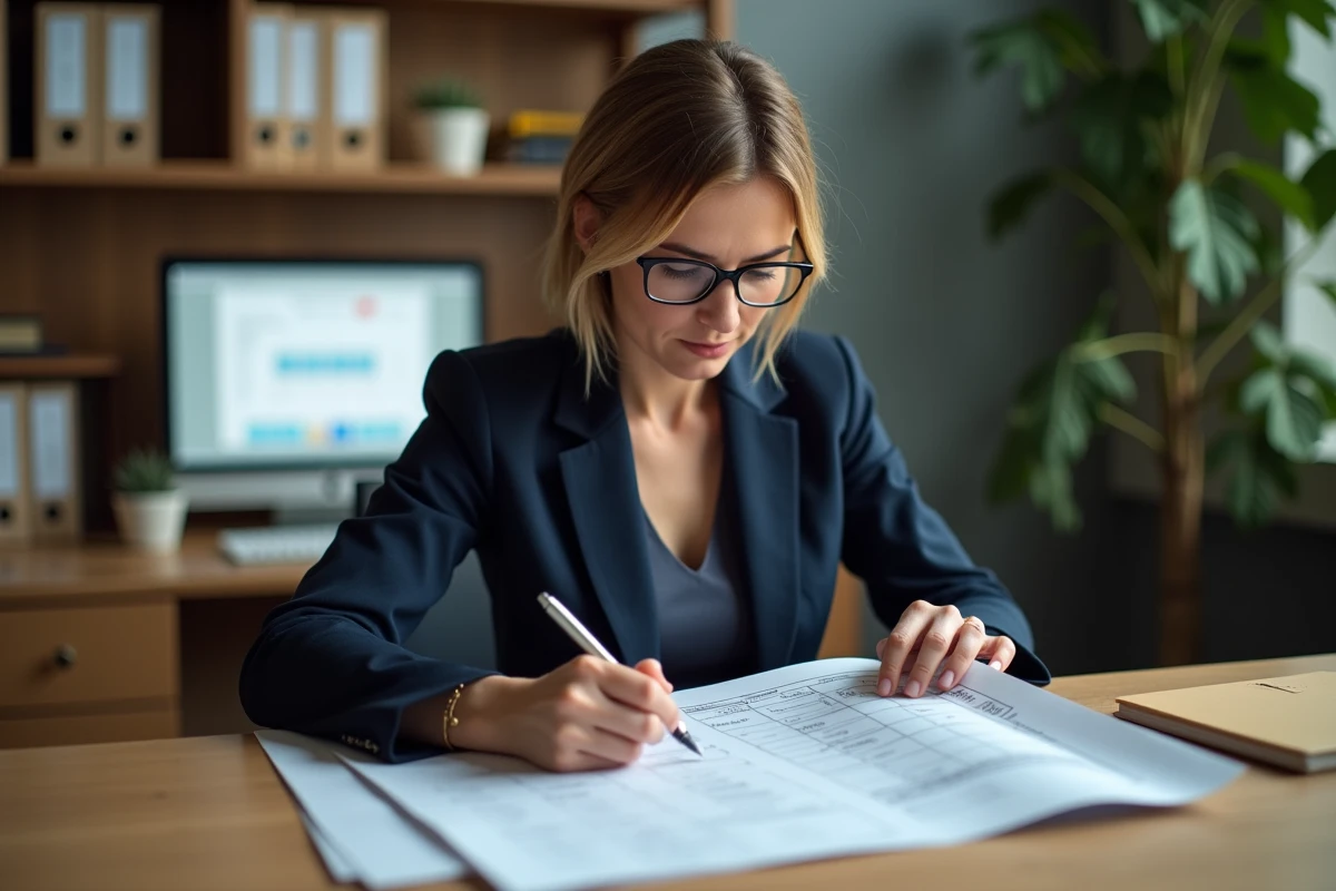 Responsable RH analysant une grille d'évaluation candidat lors d'un processus de recrutement