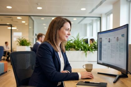 Responsable RH analysant des profils de candidats sur une plateforme de recrutement en ligne depuis son bureau en open space