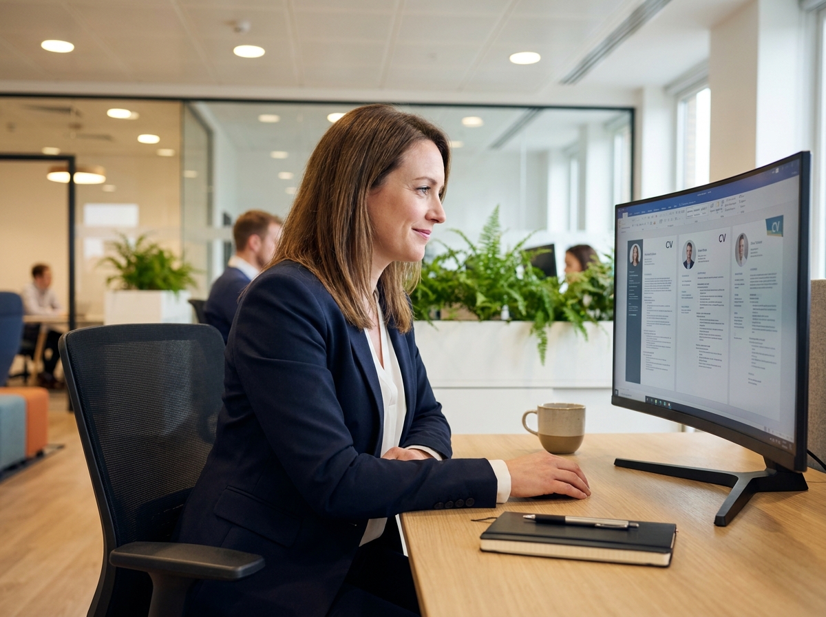 Responsable RH analysant des profils de candidats sur une plateforme de recrutement en ligne depuis son bureau en open space