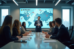 Groupe de professionnels en réunion avec graphiques et symboles d'alerte