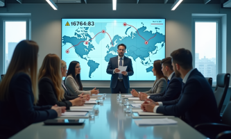 Groupe de professionnels en réunion avec graphiques et symboles d'alerte