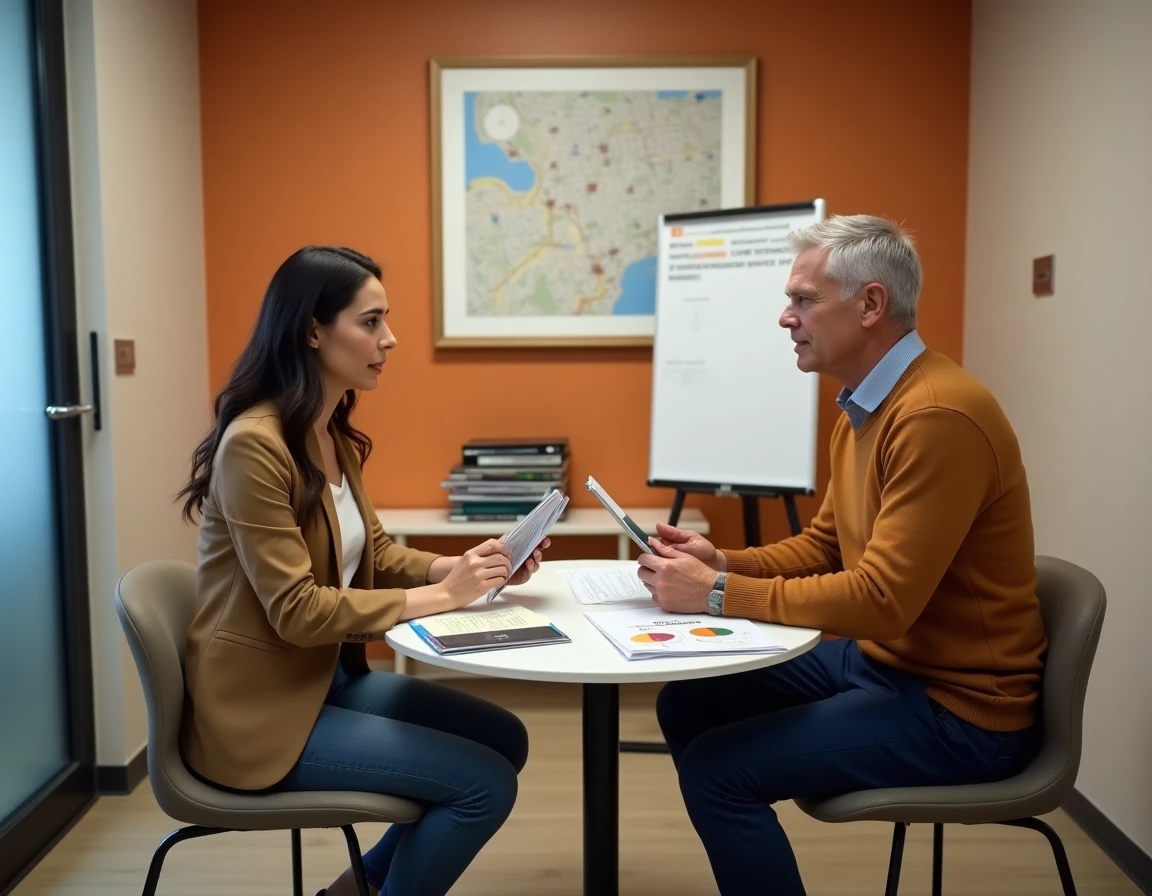 Deux entrepreneurs comparant les tarifs et guides de réservation d'espaces au Foyer Entrepreneurial lors d'une réunion