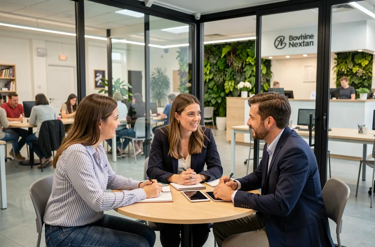 Groupe de professionnels en réunion dans une salle vitrée d'un coworking du 17e arrondissement de Paris