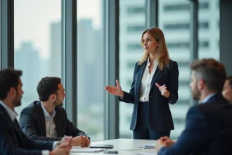 Réunion professionnelle en entreprise avec une directrice prenant la parole devant ses collègues dans une salle de conférence moderne
