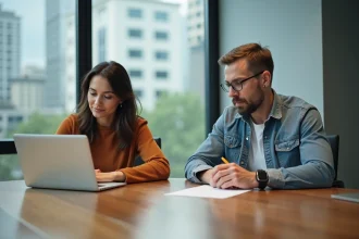 Homme et femme concentrés lors d'une réunion dans un bureau moderne
