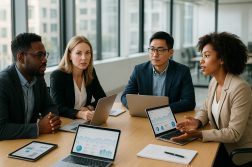 Groupe de professionnels discutant stratégies marketing digitales