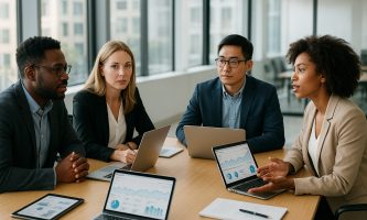 Groupe de professionnels discutant stratégies marketing digitales