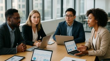 Groupe de professionnels discutant stratégies marketing digitales