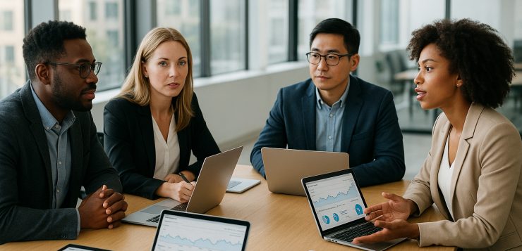 Groupe de professionnels discutant stratégies marketing digitales