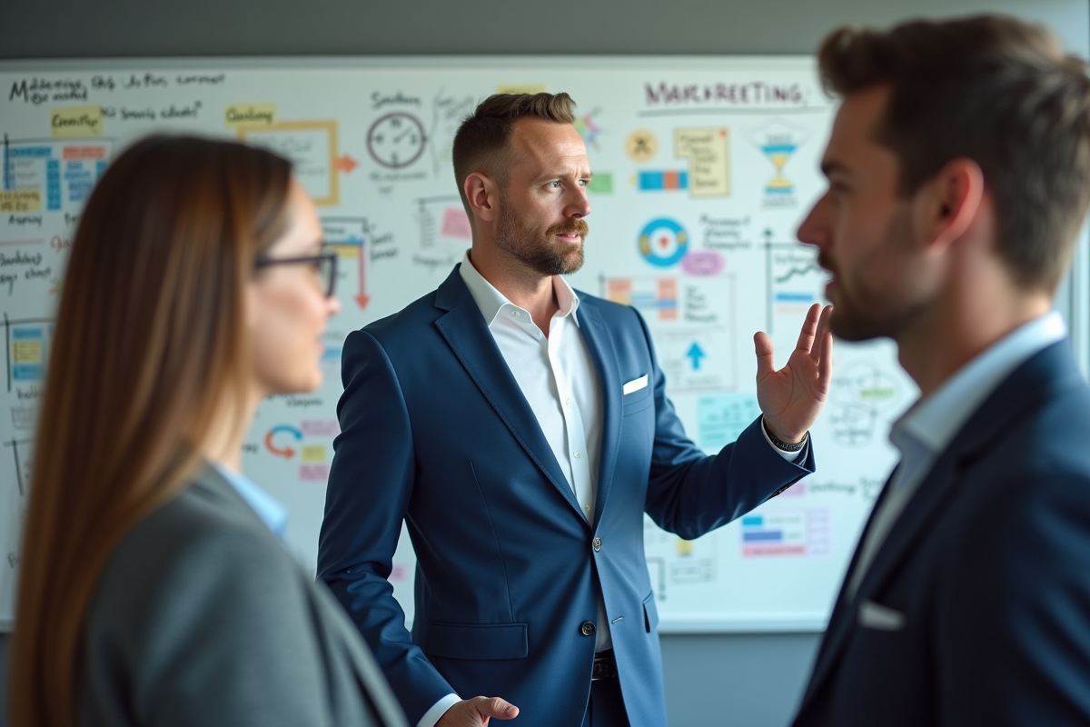Homme en blazer expliquant une strategie marketing en réunion