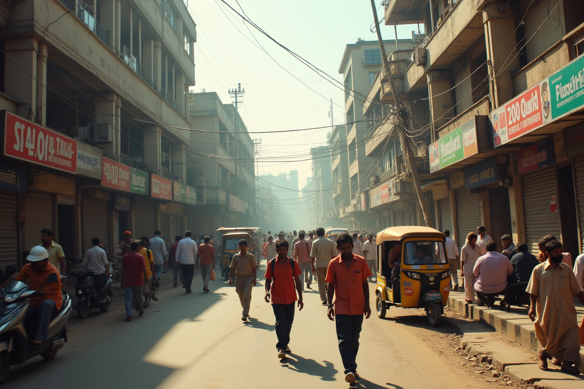Scène de rue animée avec piétons et vendeurs en Inde