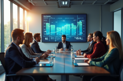 Réunion moderne avec tableau digital sur l'énergie