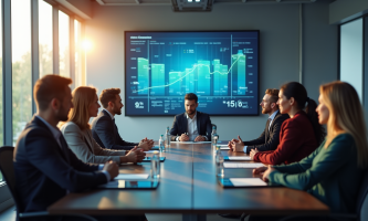 Réunion moderne avec tableau digital sur l'énergie