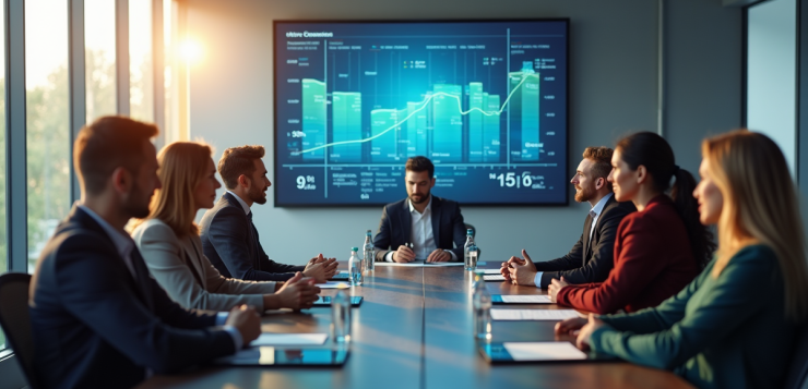 Réunion moderne avec tableau digital sur l'énergie