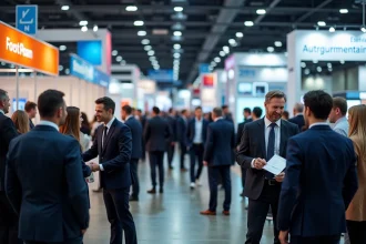 Salon B2B professionnel avec exposants et visiteurs échangeant des cartes de visite dans un grand hall d'exposition