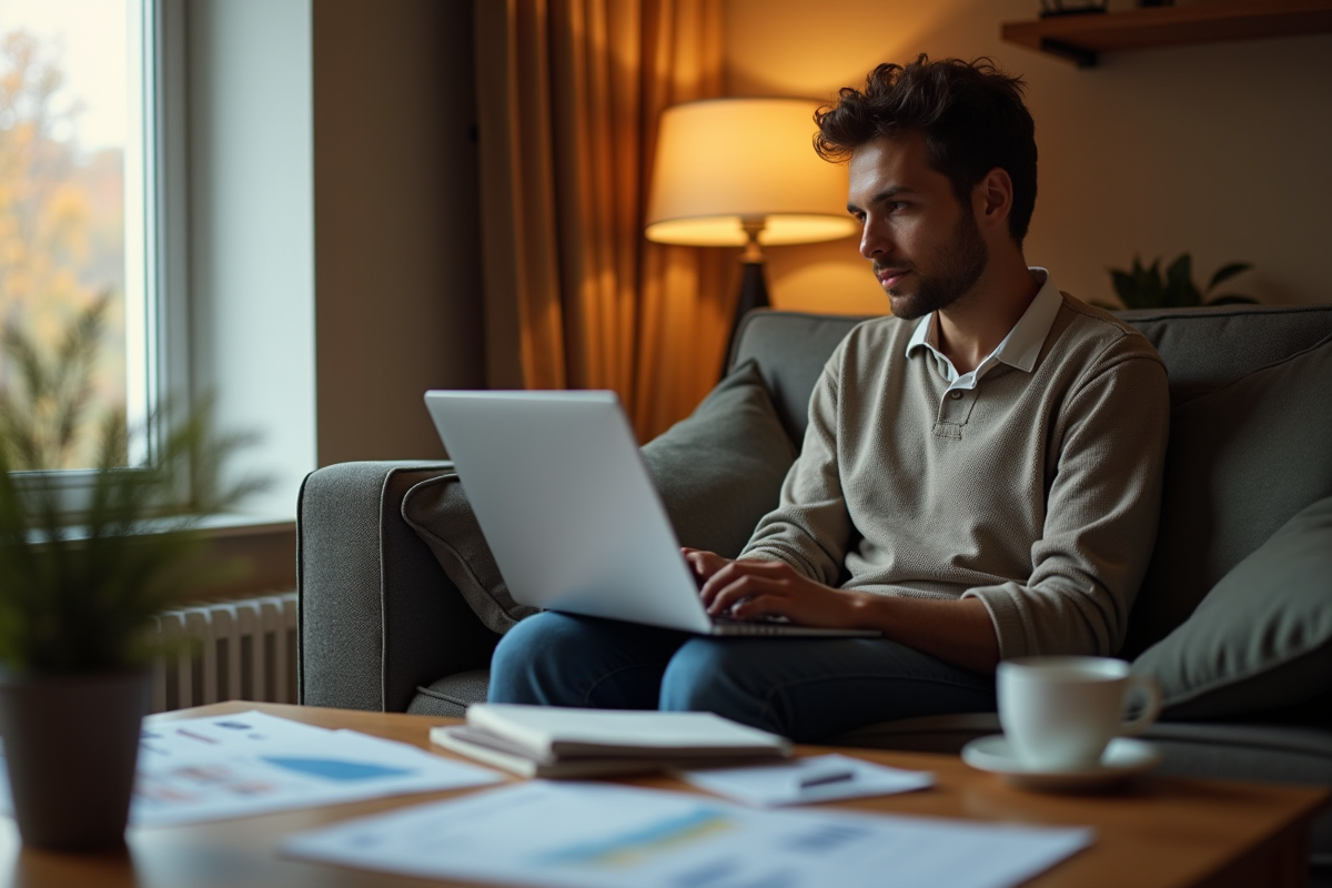 Personne sur canapé avec ordinateur et documents financiers