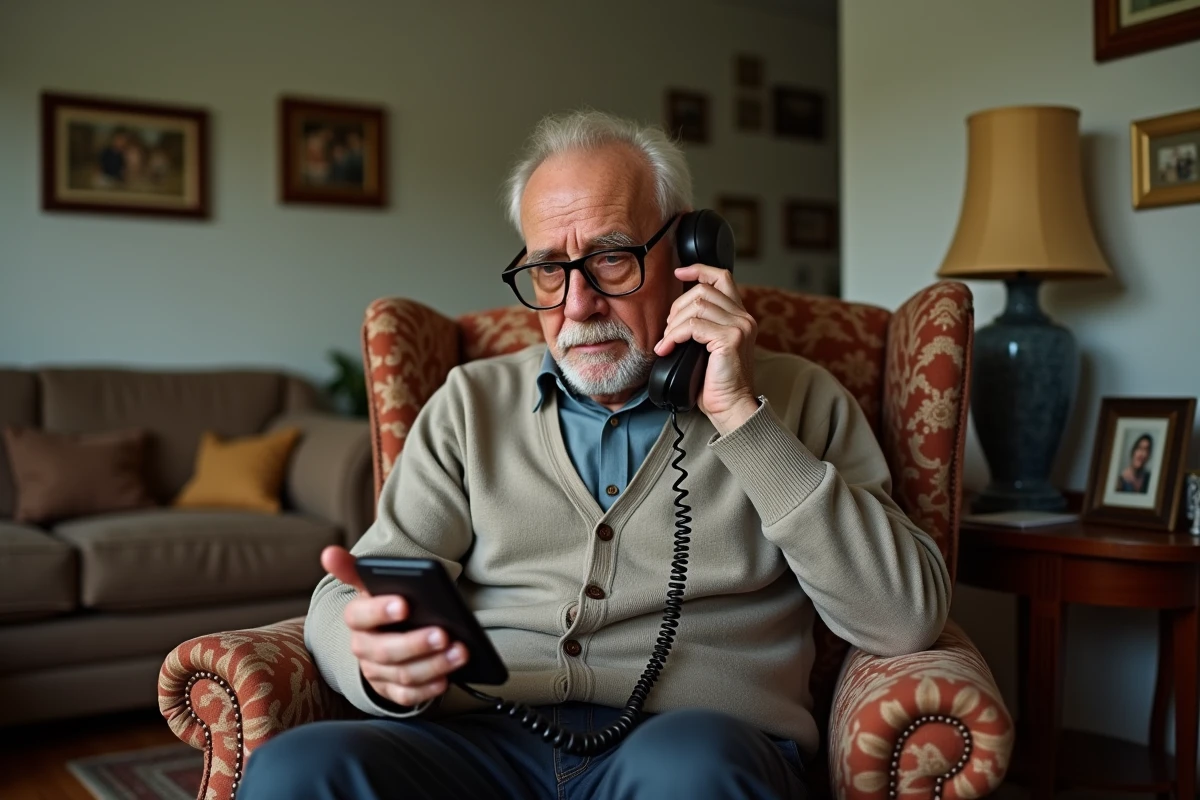 Homme âgé dans son salon regardant avec méfiance un appel entrant non identifié sur son téléphone fixe sans fil lié au démarchage