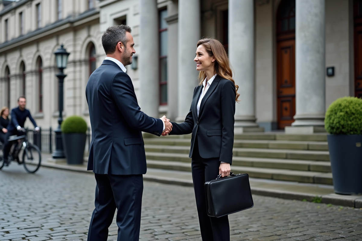 Professionnels se serrant la main devant un tribunal à Dublin