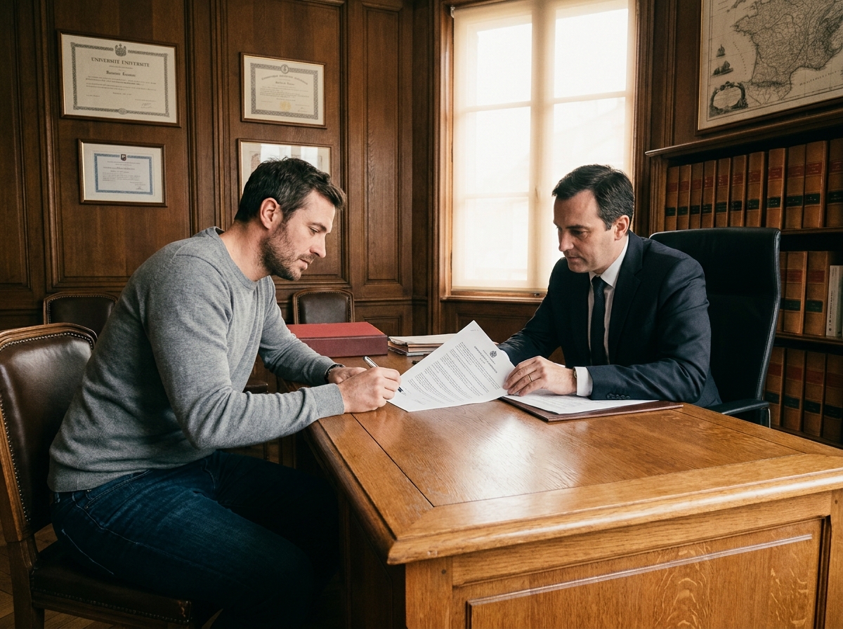 Entrepreneur signant une annonce légale avec un conseiller juridique dans un bureau de notaire en France
