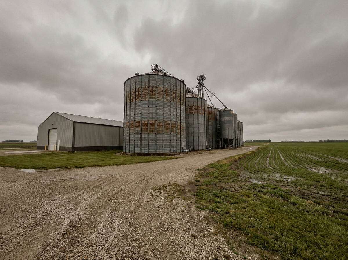 Installations industrielles de stockage agricole avec silos en acier galvanisé et entrepôt moderne dans un paysage rural