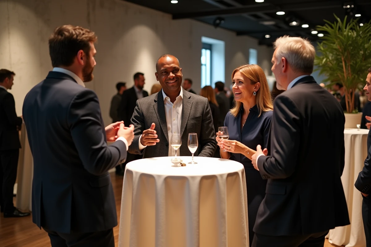 Groupe de professionnels en discussion animée autour d'une table haute lors d'une soirée de networking B2B dans un espace événementiel contemporain