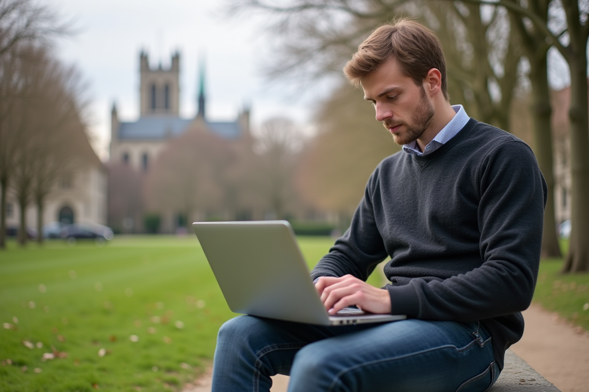 Jeune spécialiste cybersécurité travaillant en extérieur à Le Mans