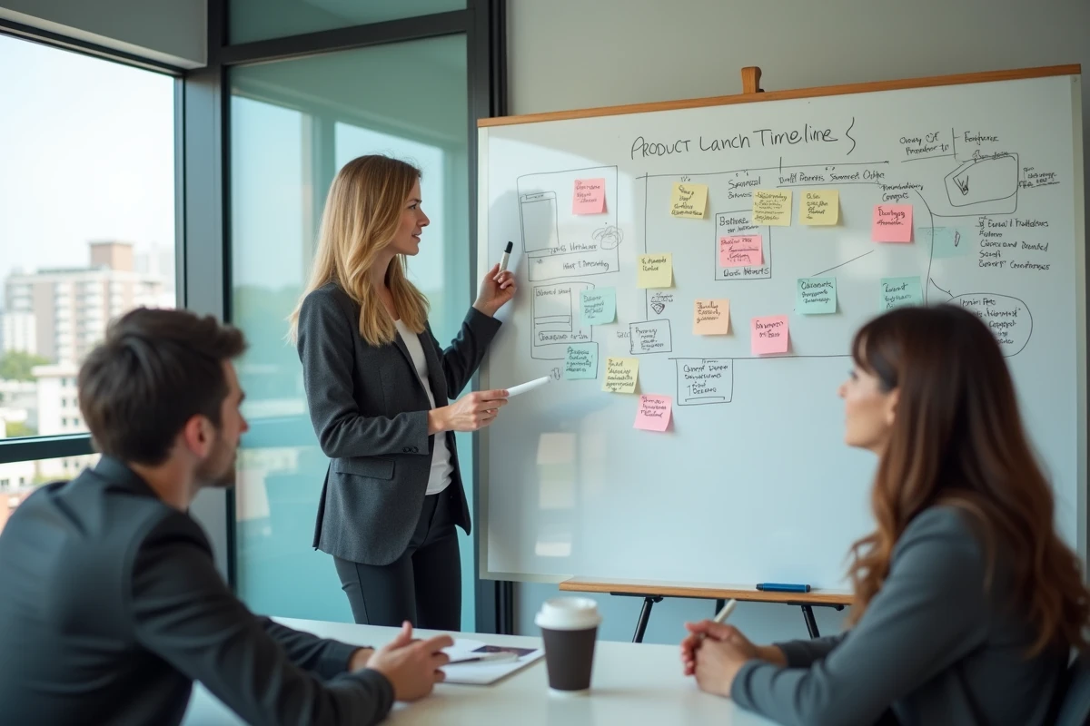 Stratège en agence présentant un plan de lancement produit sur un tableau blanc devant son équipe