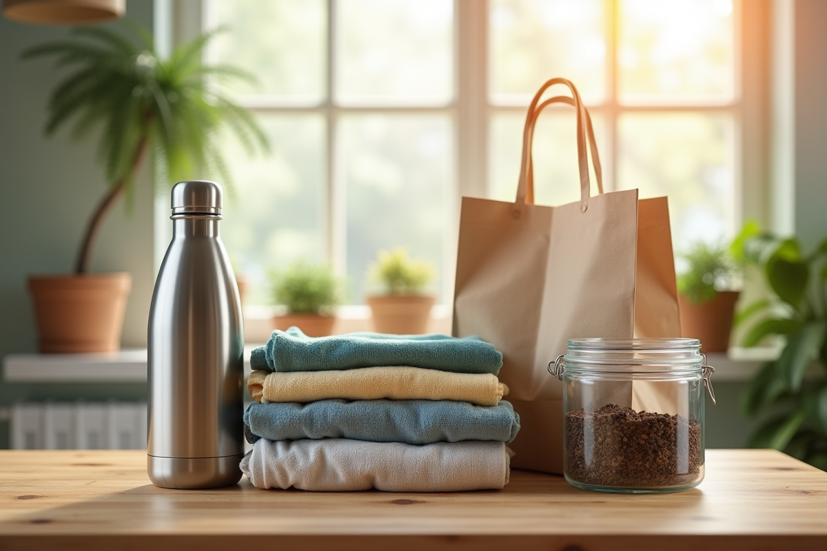 Table en bois avec bouteilles réutilisables sacs en tissu et vêtements pour don